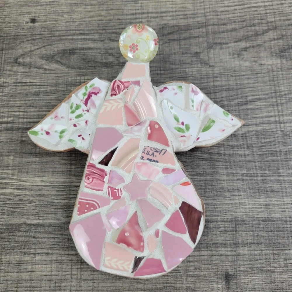 Mosaic Angel Wall‎ Decor Pink Floral Plate Shards Art Handmade Ornament